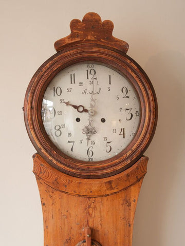 Antique Swedish Mora Clock with rare calendar dial, pendulum, weight and key - Decorative Antiques UK - 2
