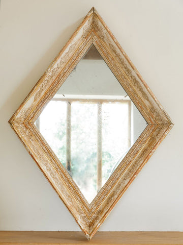 Antique French Mercury Mirror with Diamond shaped carved frame, very rare