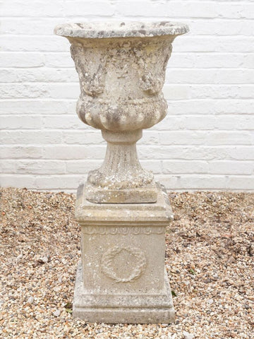 Antique Edwardian Carved Stone Urn on wreath decorated plinth