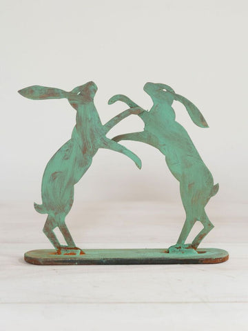 Small pair boxing hares on stand, with verdigris finish - Decorative Antiques UK - 1