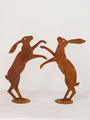 Pair Large Rusty Boxing Hares on Stands - Decorative Antiques UK - 1