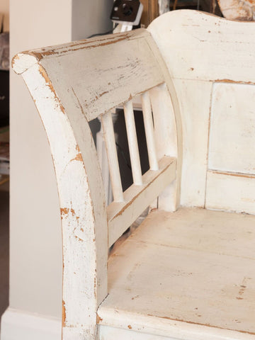 Antique Hungarian Pine Bench Settle, painted in cream