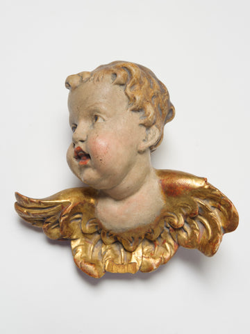 Antique Wood and Polychrome Winged Cherub Putti head