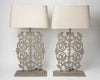 Pair Grey Balustrade Lamps with Natural Linen Shades