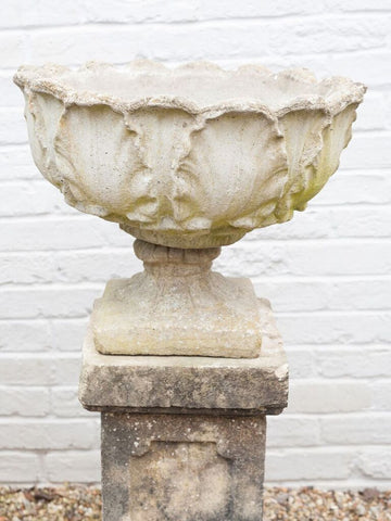 Pair 1930's Acanthus Leaf Stone Urns on Plinths