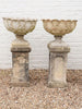 Pair 1930's Acanthus Leaf Stone Urns on Plinths