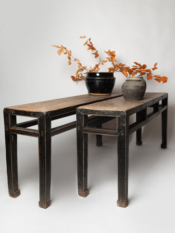 Antique Chinese elm benches with scroll feet
