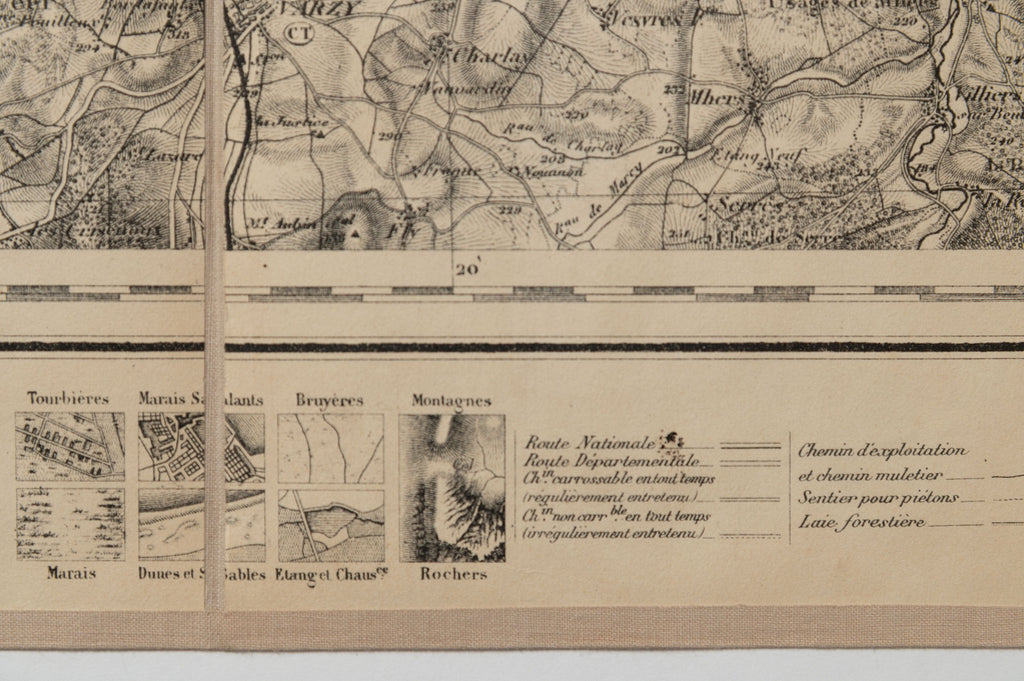 Rare Antique linen fabric backed French Map of Clamecy, dated 1845