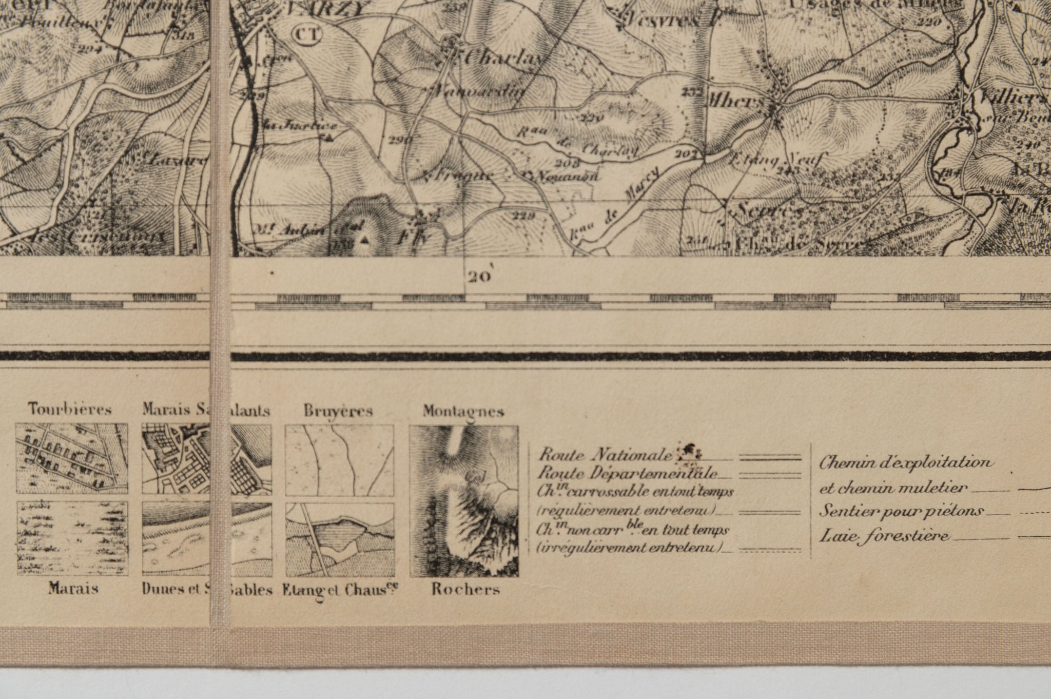 Rare Antique linen fabric backed French Map of Clamecy, dated 1845