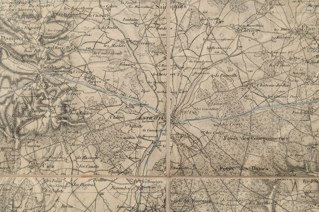 Rare Antique linen fabric backed French Map of Clamecy, dated 1845