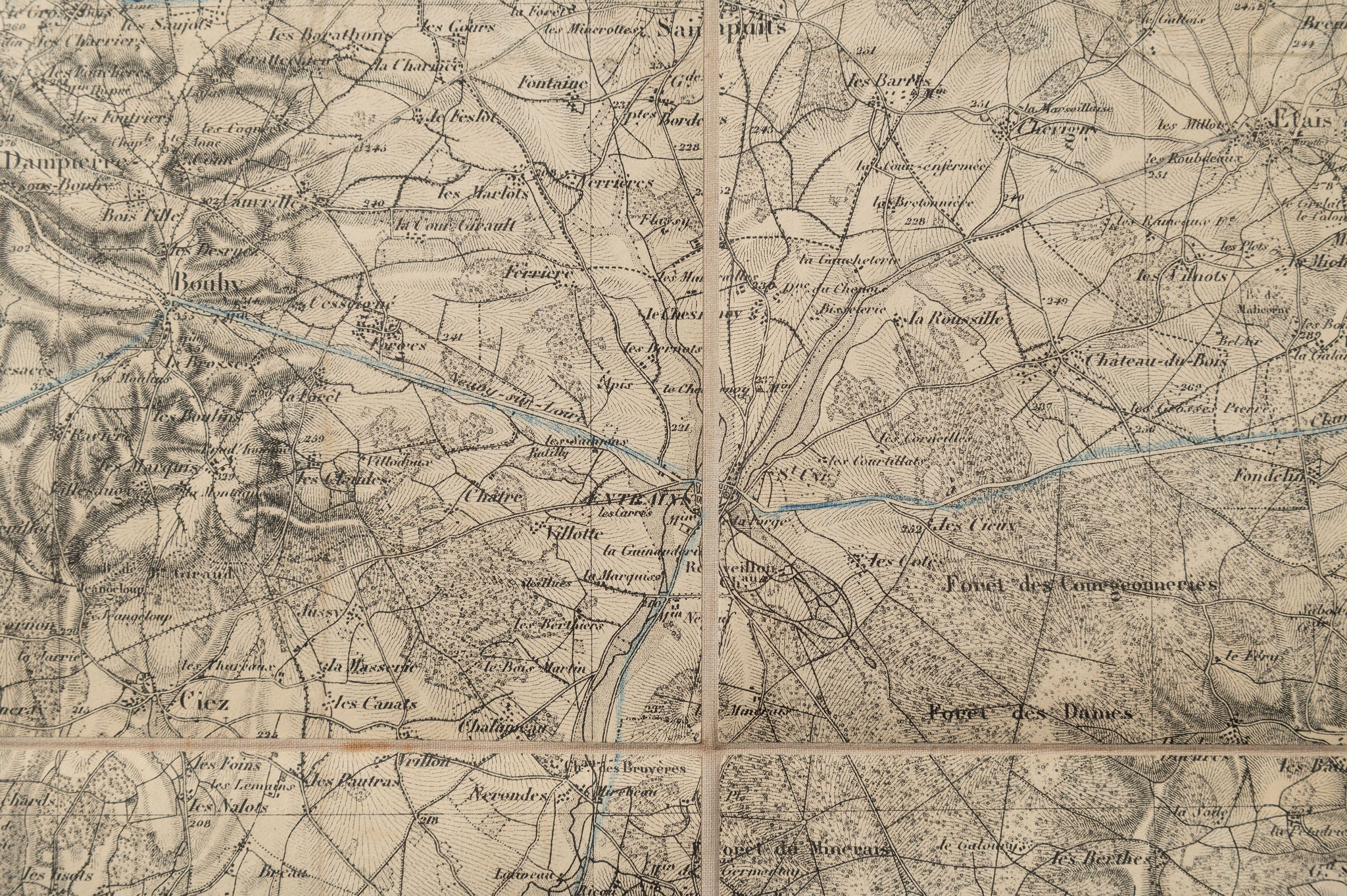Rare Antique linen fabric backed French Map of Clamecy, dated 1845