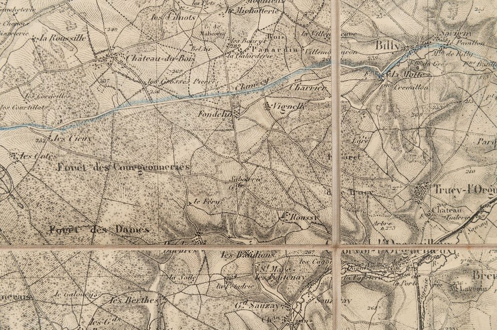 Rare Antique linen fabric backed French Map of Clamecy, dated 1845