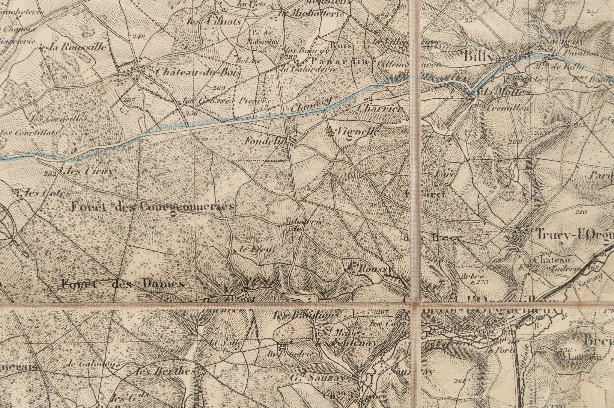 Rare Antique linen fabric backed French Map of Clamecy, dated 1845