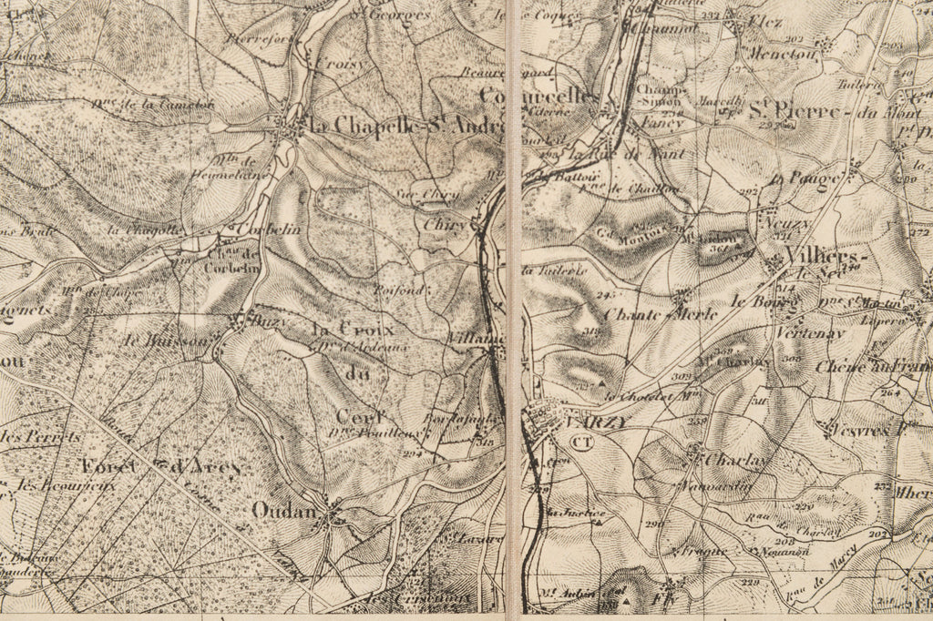 Rare Antique linen fabric backed French Map of Clamecy, dated 1845
