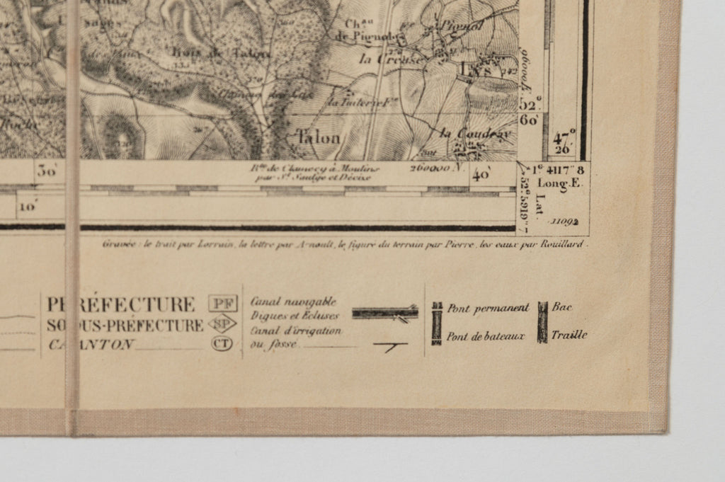 Rare Antique linen fabric backed French Map of Clamecy, dated 1845