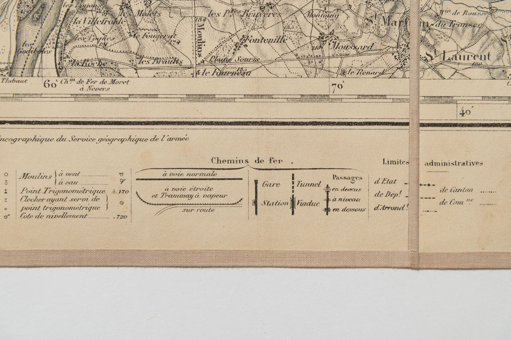Rare Antique linen fabric backed French Map of Clamecy, dated 1845