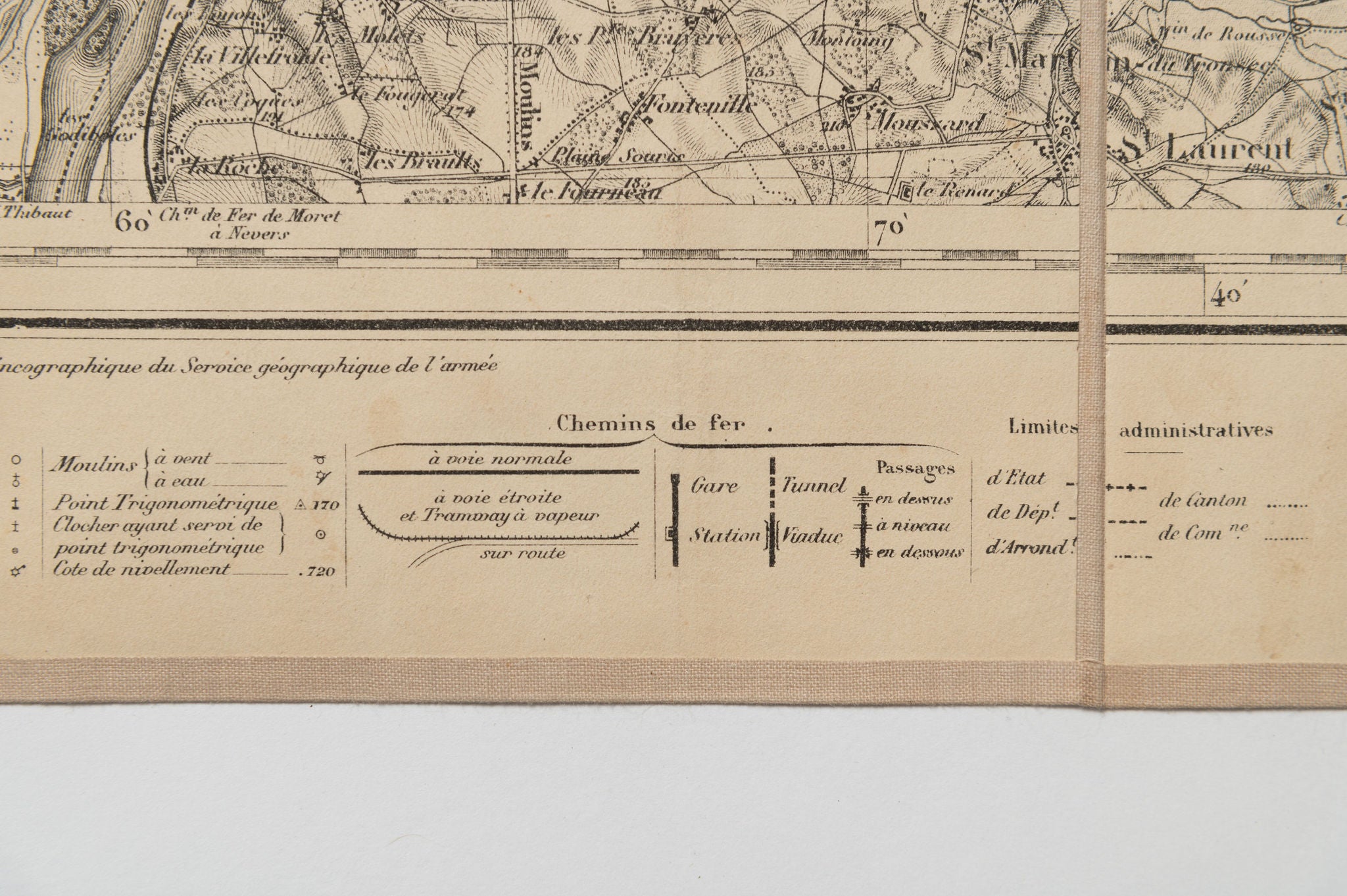 Rare Antique linen fabric backed French Map of Clamecy, dated 1845