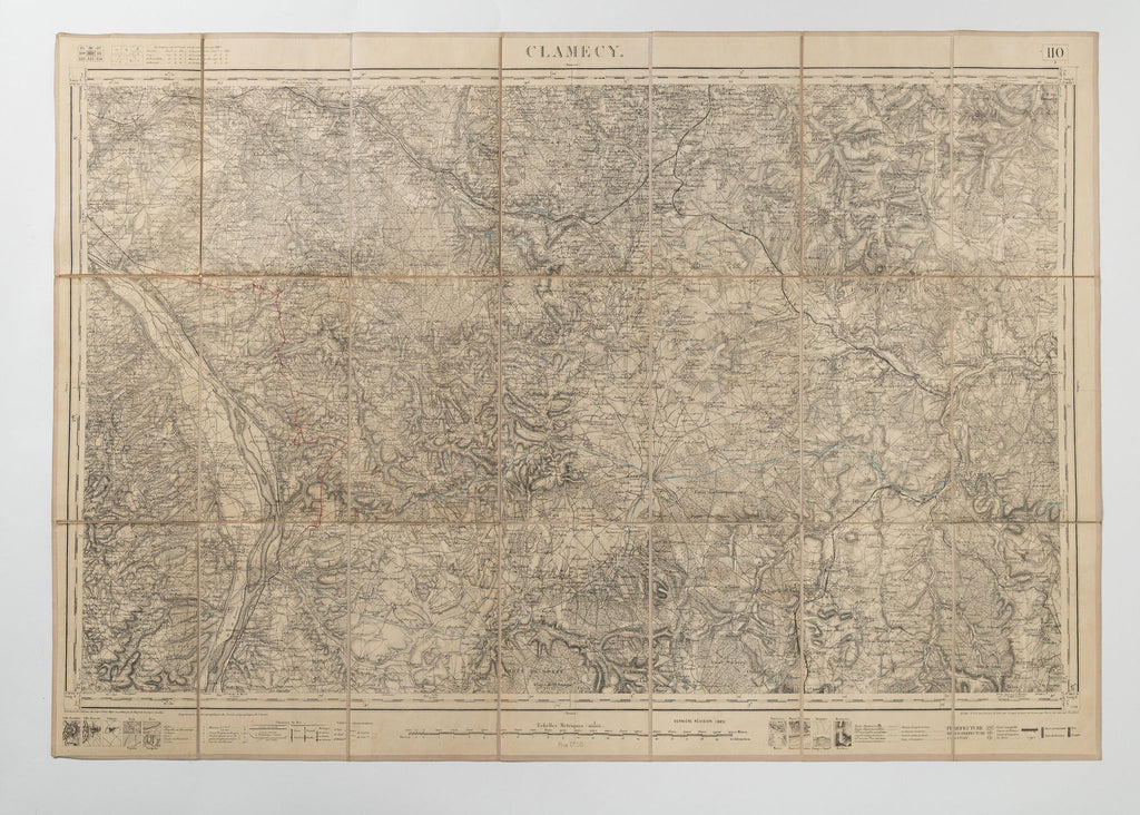 Rare Antique linen fabric backed French Map of Clamecy, dated 1845