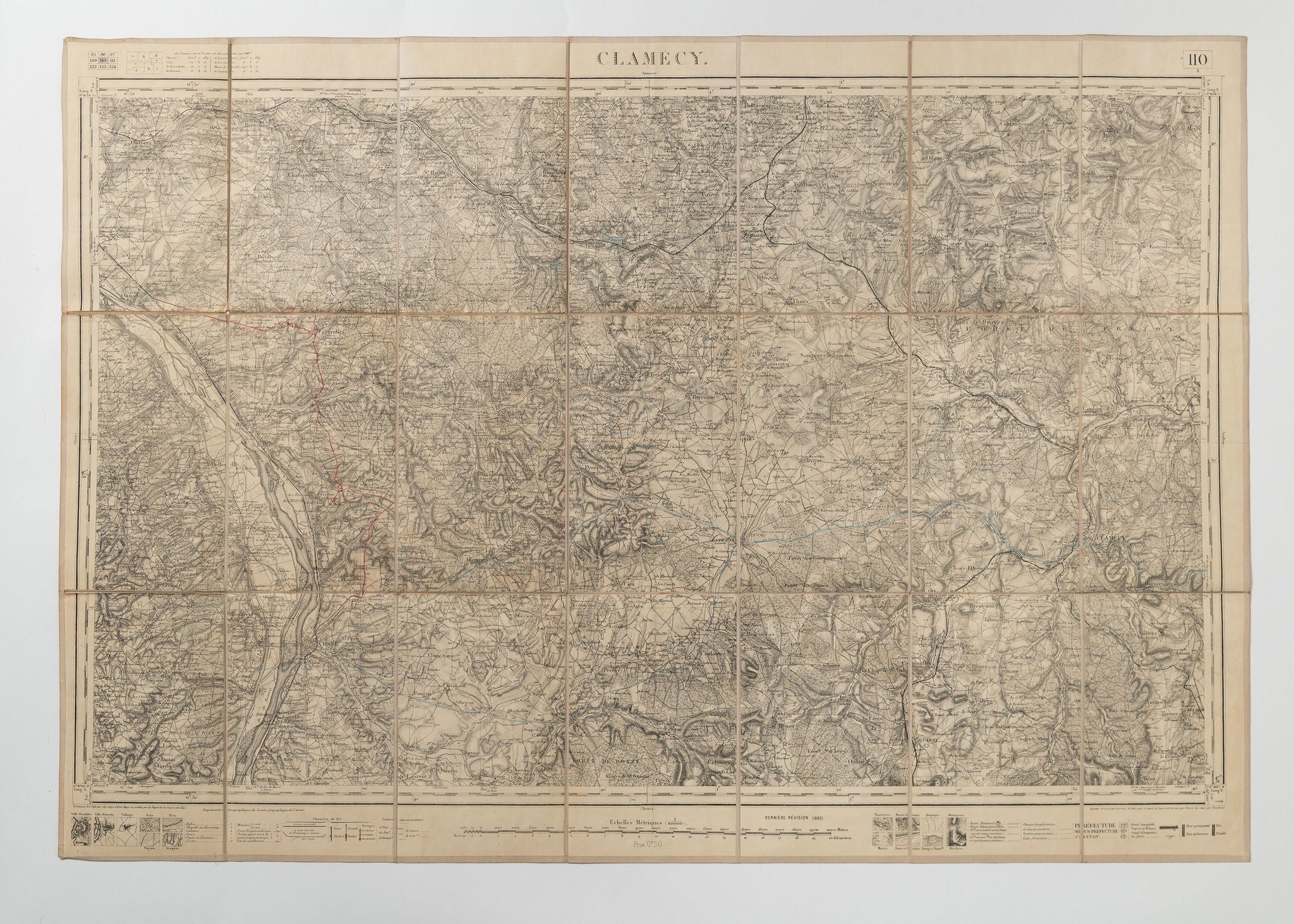 Rare Antique linen fabric backed French Map of Clamecy, dated 1845