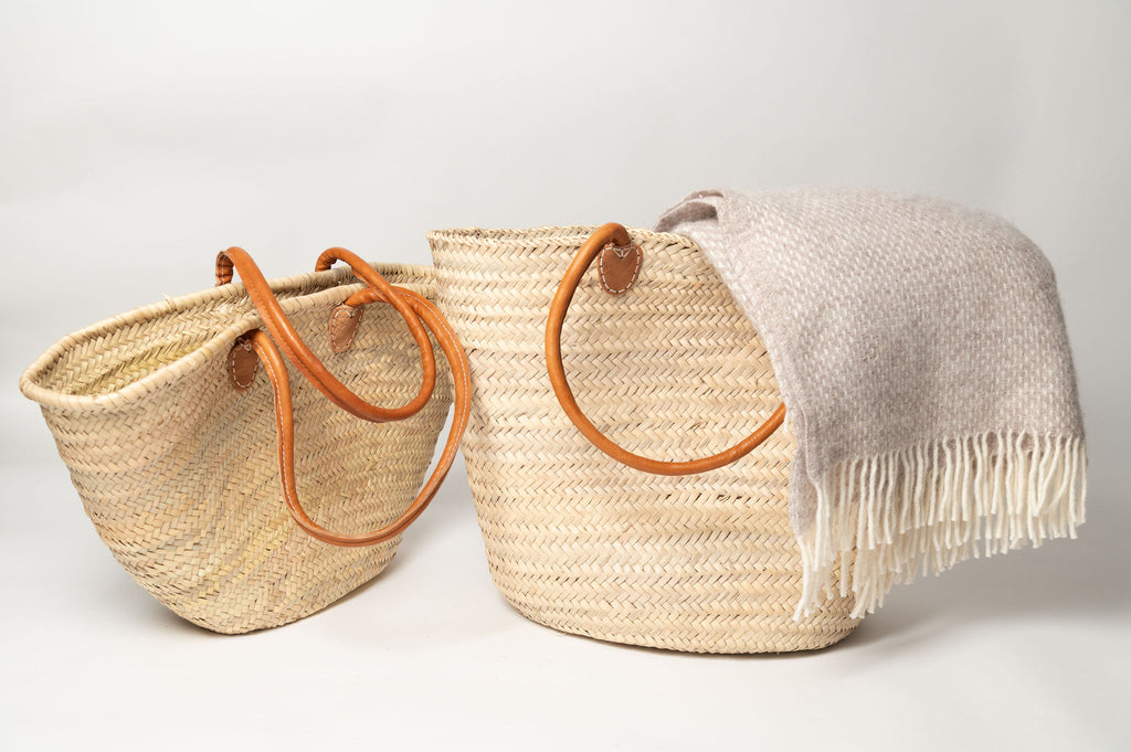 Moroccan Palm leaf shopping baskets with leather handles, two sizes