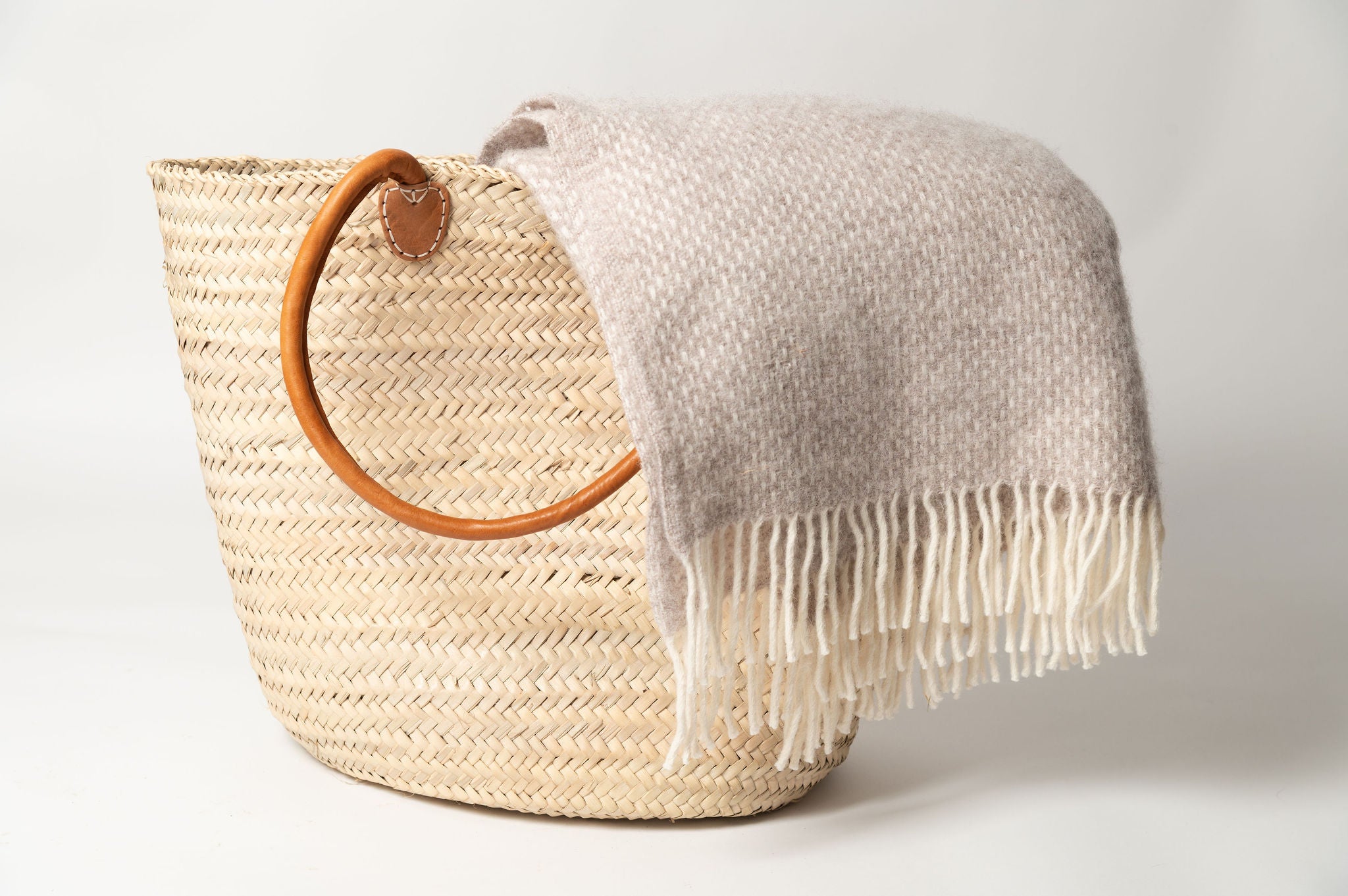 Moroccan Palm leaf shopping baskets with leather handles, two sizes