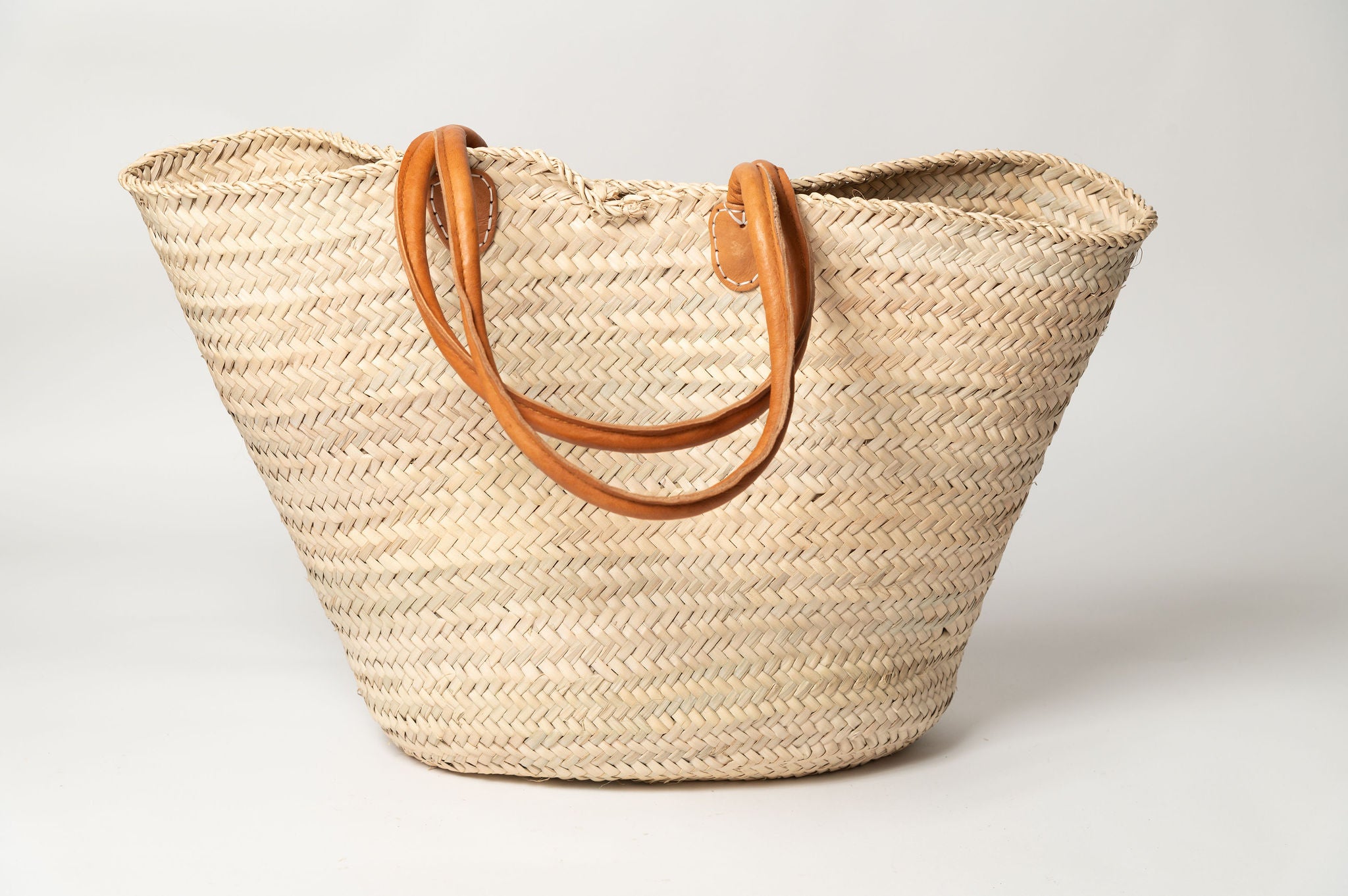 Moroccan Palm leaf shopping baskets with leather handles, two sizes