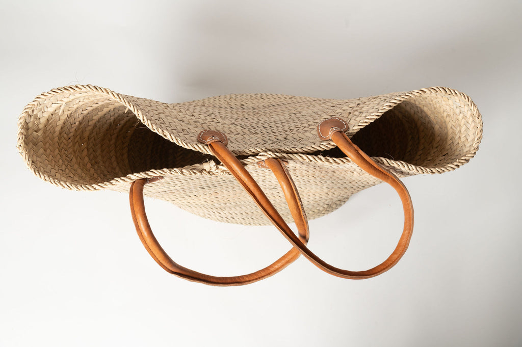 Moroccan Palm leaf shopping baskets with leather handles, two sizes
