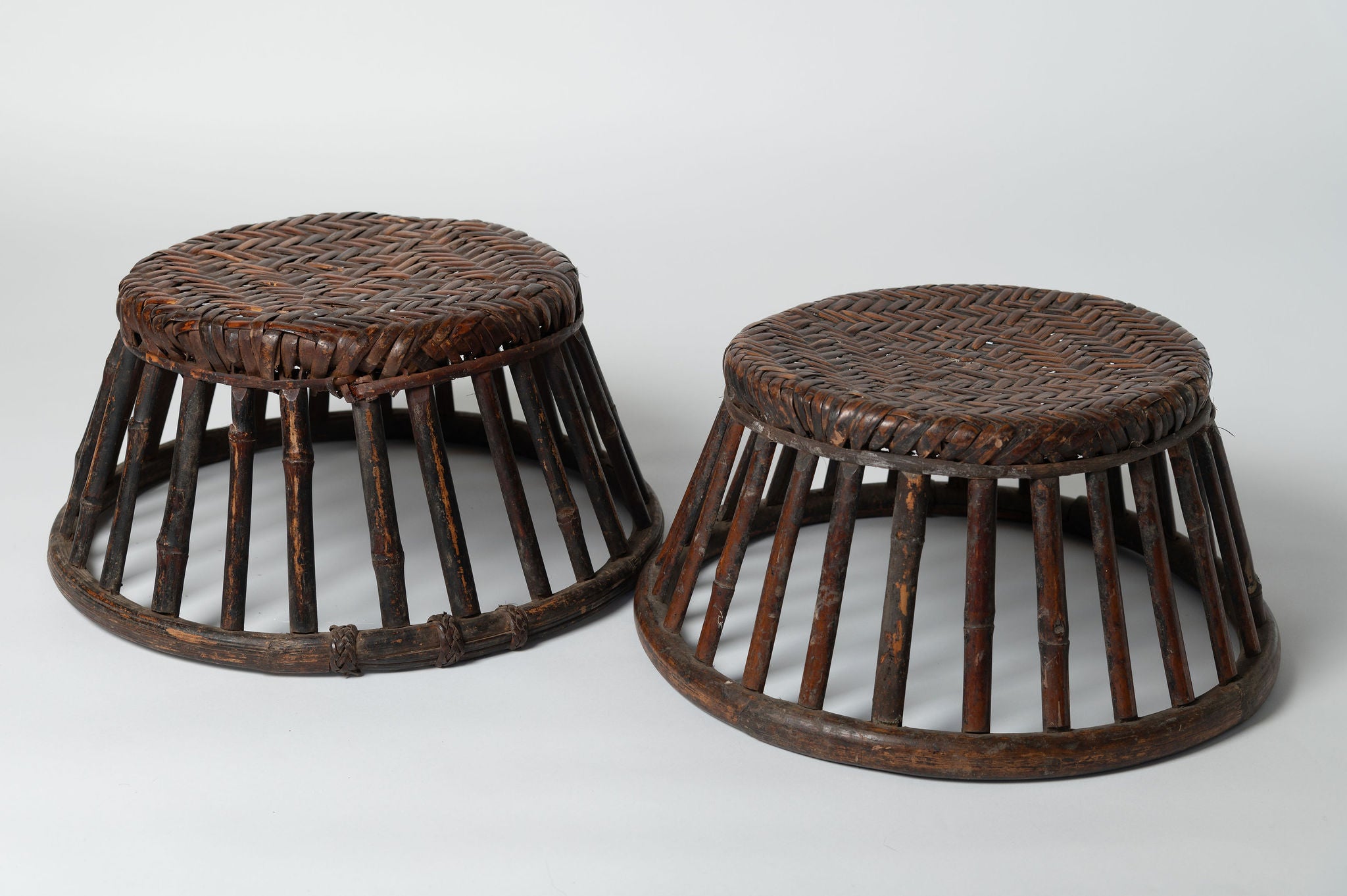 Pair antique chinese rattan and bamboo low stools