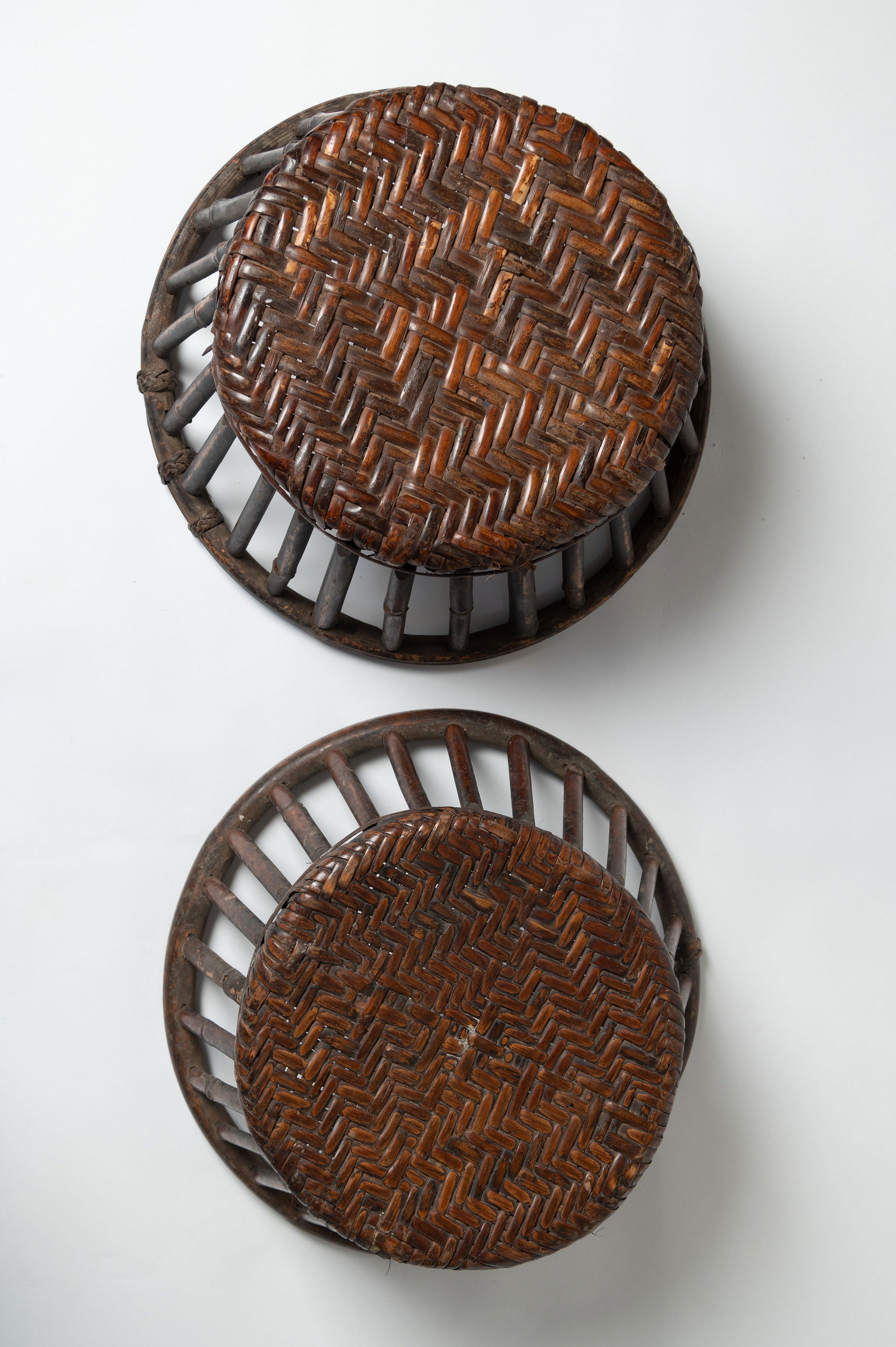 Pair antique chinese rattan and bamboo low stools