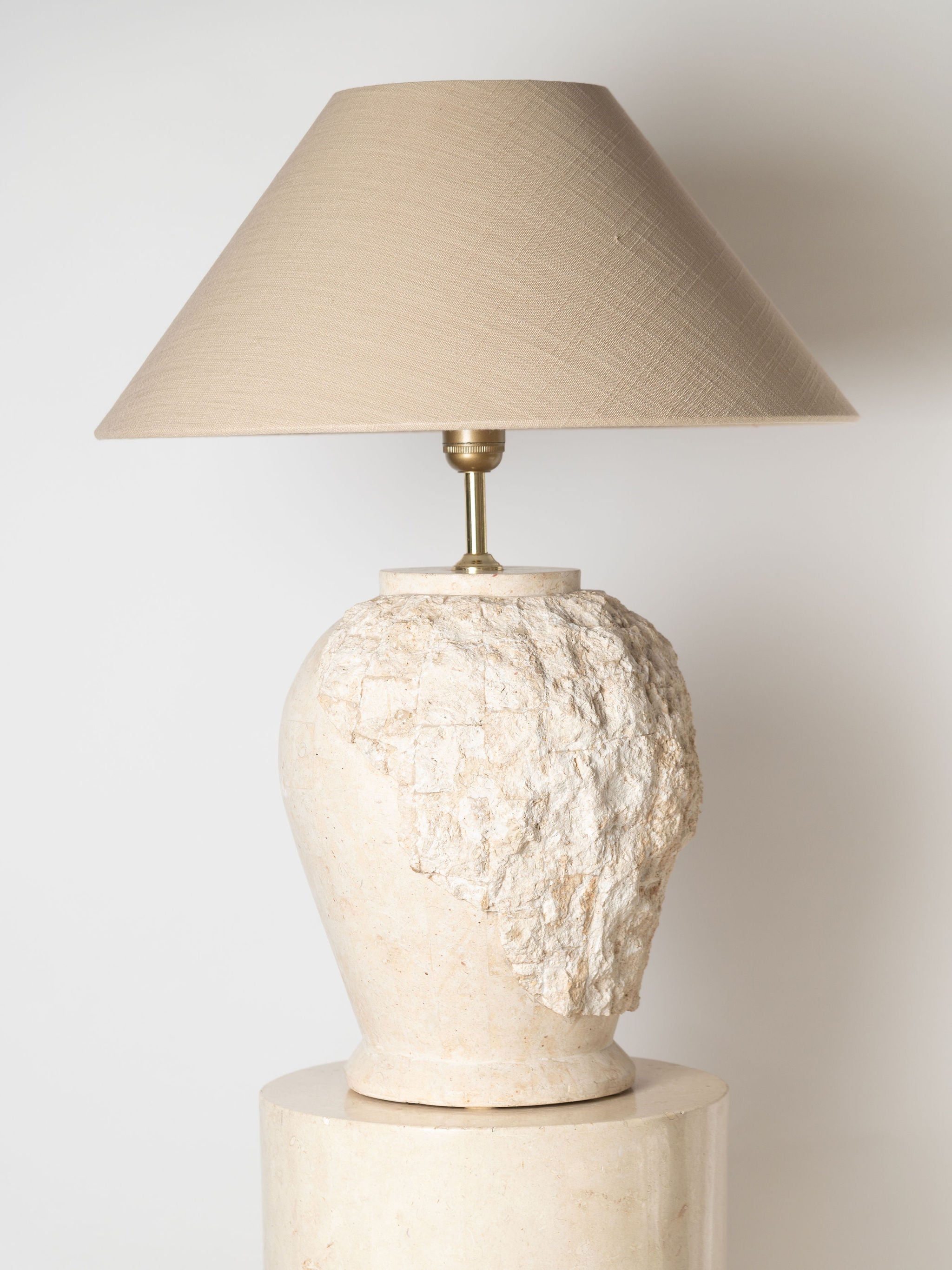 Post Modern Round Tessellated stone pedestal and matching table lamp with linen shade
