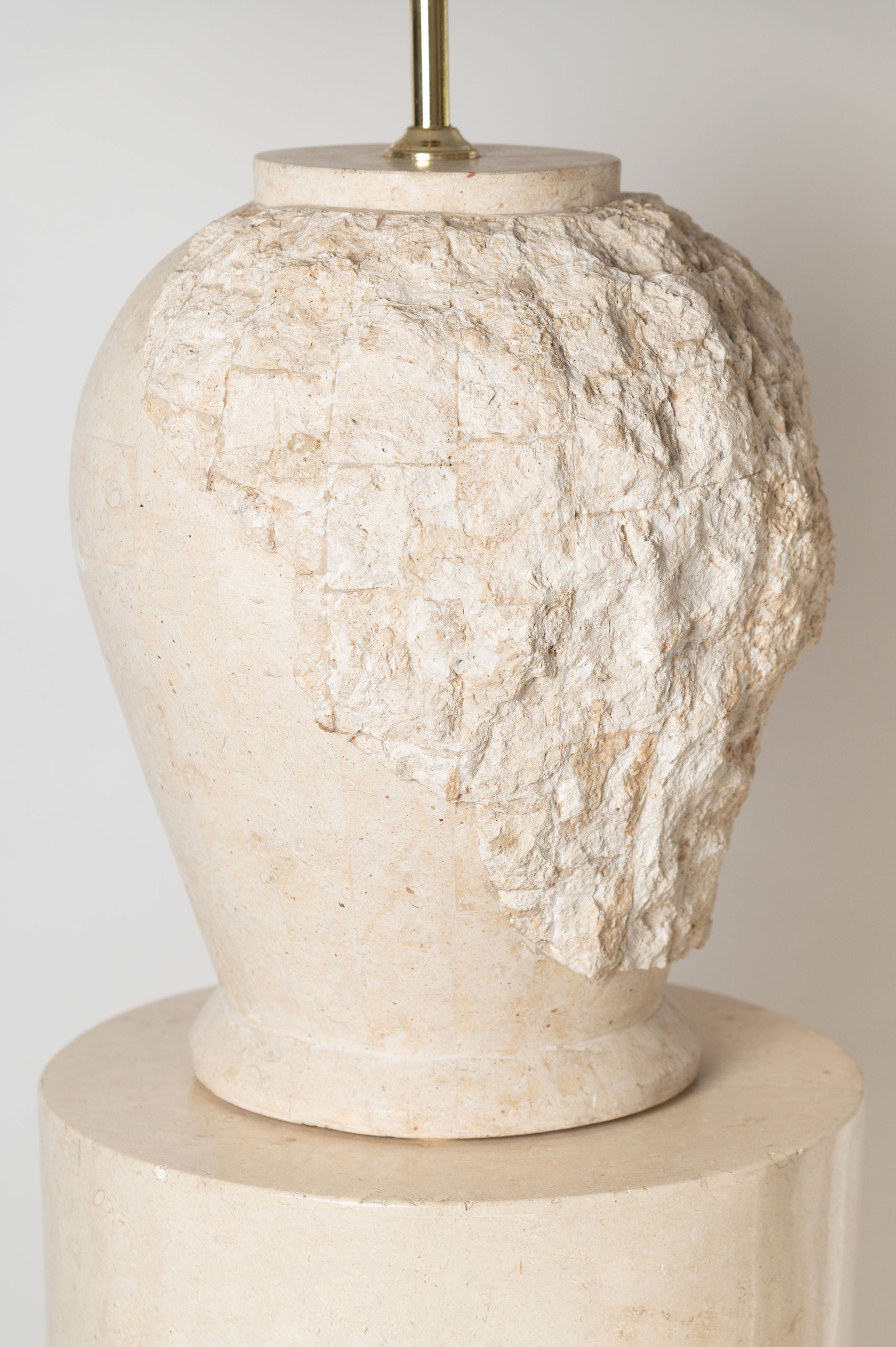 Post Modern Round Tessellated stone pedestal and matching table lamp with linen shade