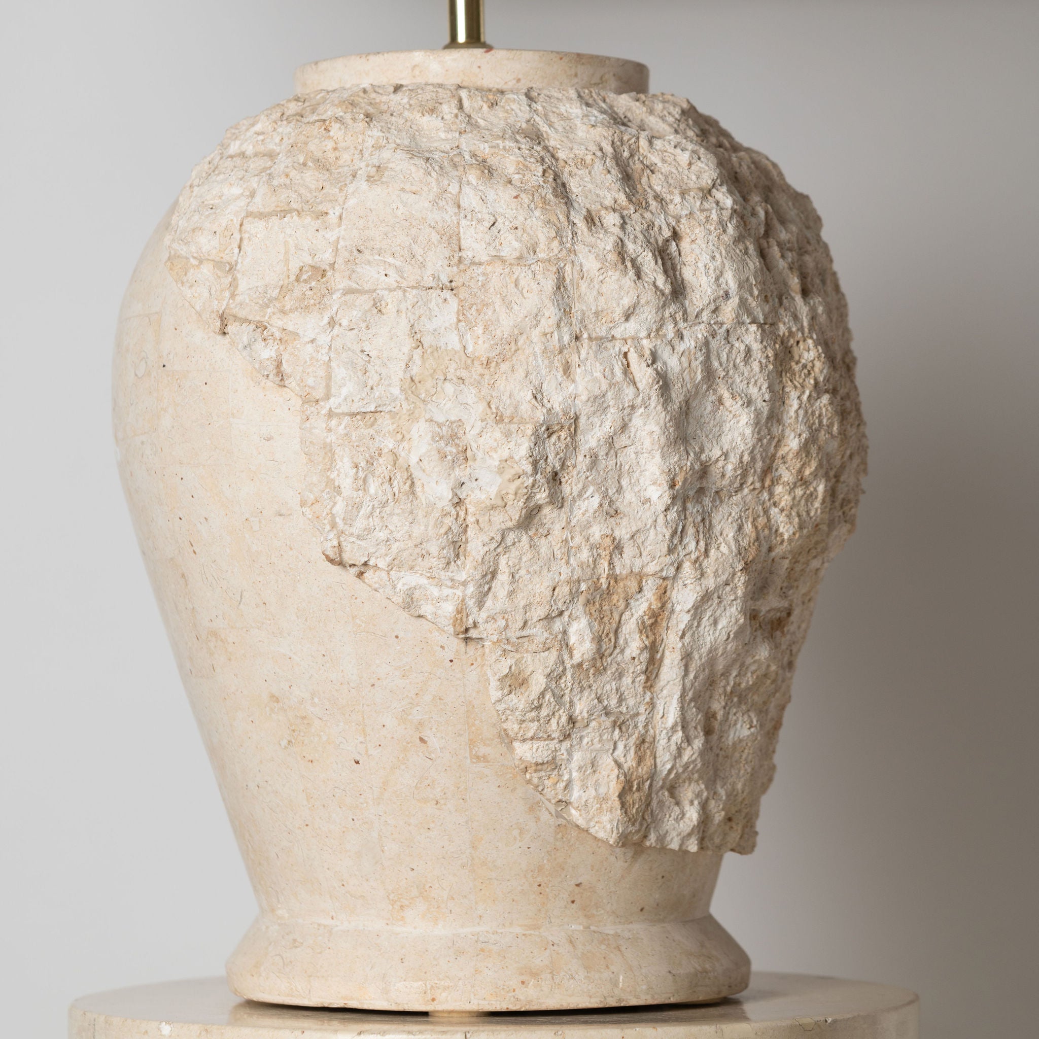 Post Modern Round Tessellated stone pedestal and matching table lamp with linen shade