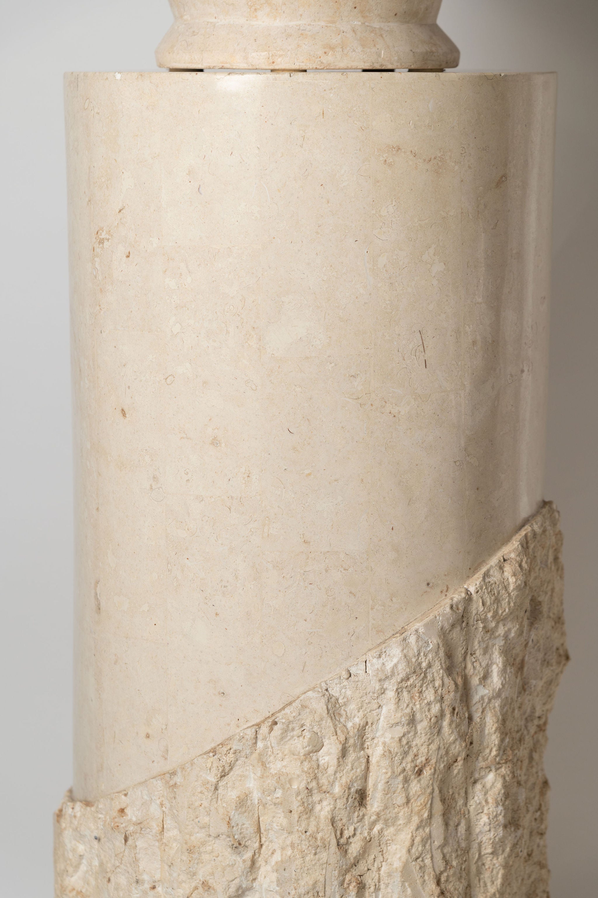Post Modern Round Tessellated stone pedestal and matching table lamp with linen shade