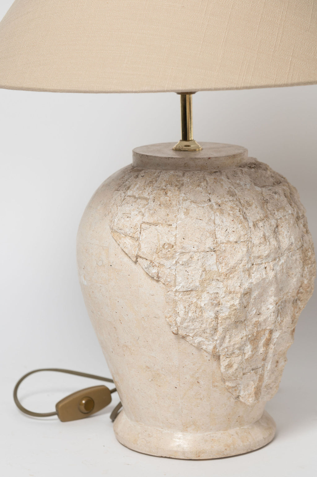 Post Modern Round Tessellated stone pedestal and matching table lamp with linen shade