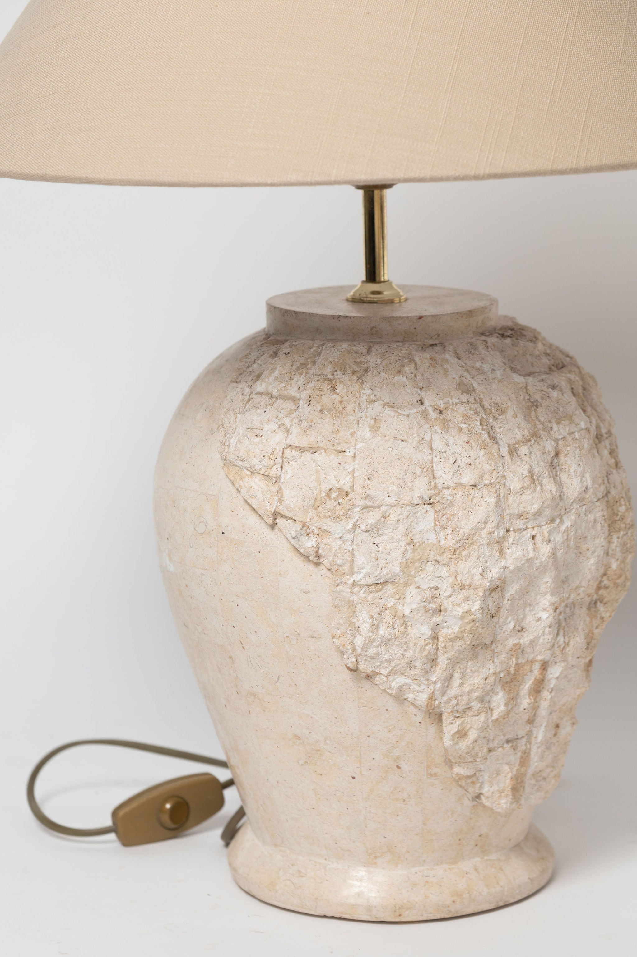 Post Modern Round Tessellated stone pedestal and matching table lamp with linen shade