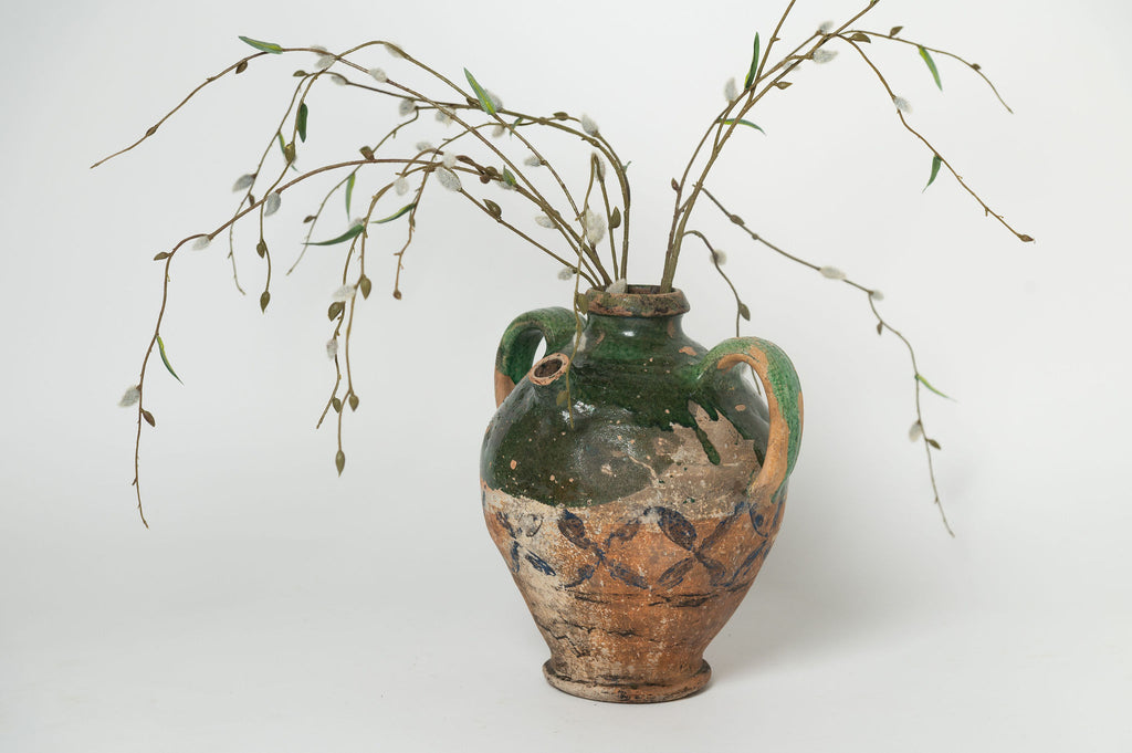 Antique French Provencal oil terracotta jug with green glaze and hand painted decorations