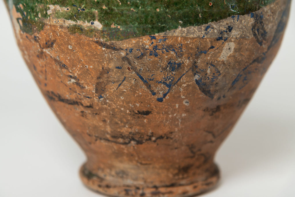 Antique French Provencal oil terracotta jug with green glaze and hand painted decorations
