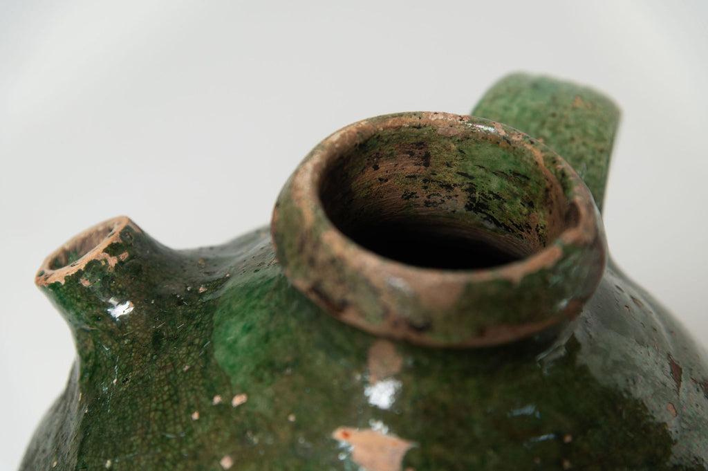 Antique French Provencal oil terracotta jug with green glaze and hand painted decorations