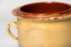 Antique French Digoin Confit pot with creamy mustard glaze and two handles