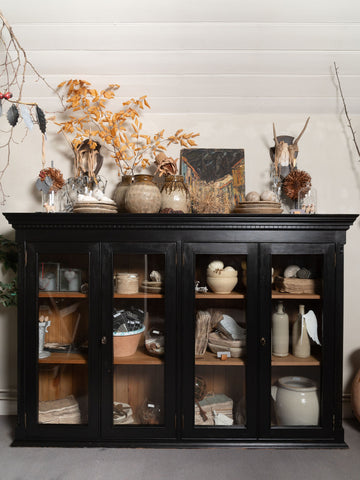 Large vintage black painted 4 door glazed cabinet