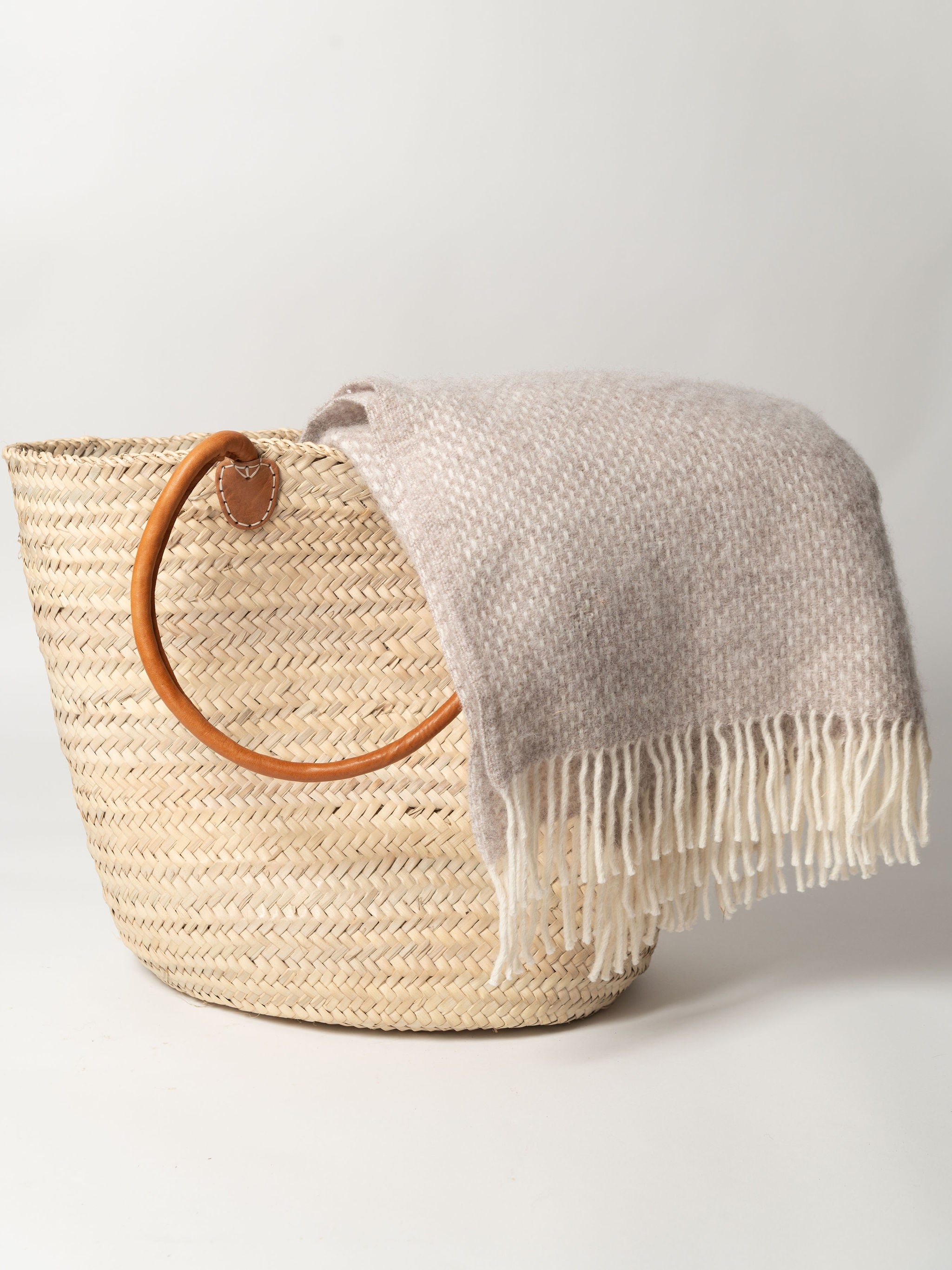 Moroccan Palm leaf shopping baskets with leather handles, two sizes