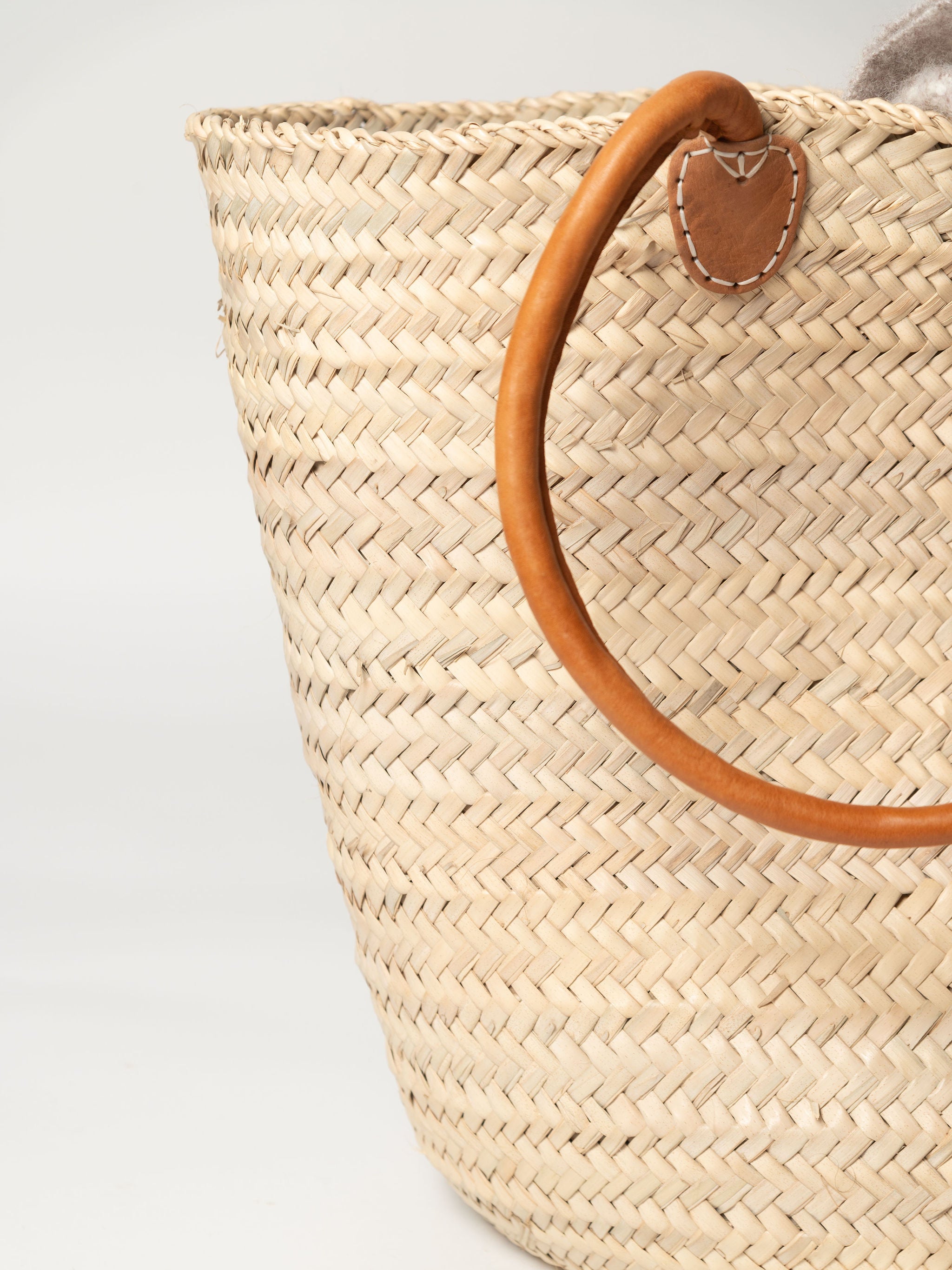 Moroccan Palm leaf shopping baskets with leather handles, two sizes