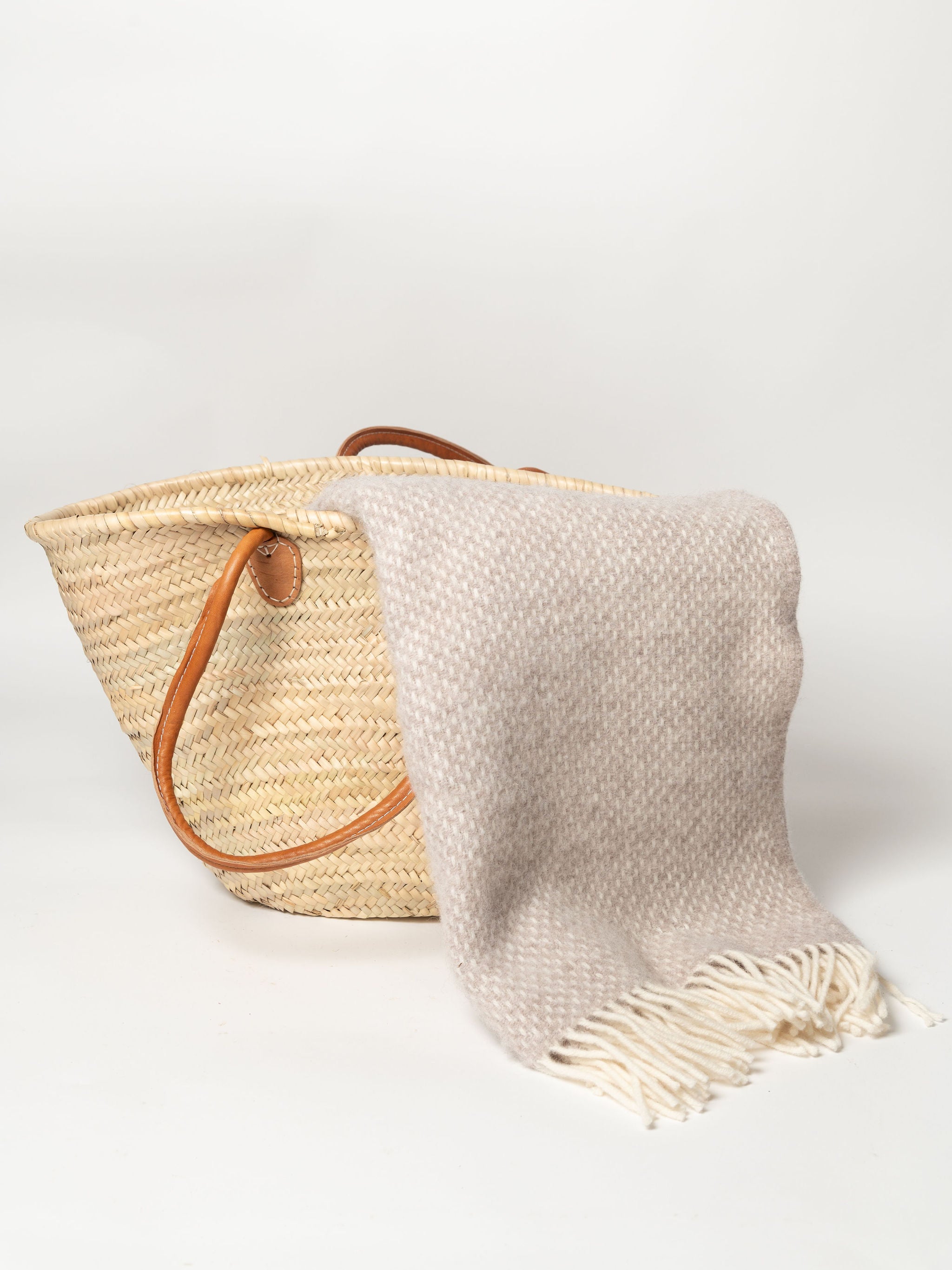 Moroccan Palm leaf shopping baskets with leather handles, two sizes