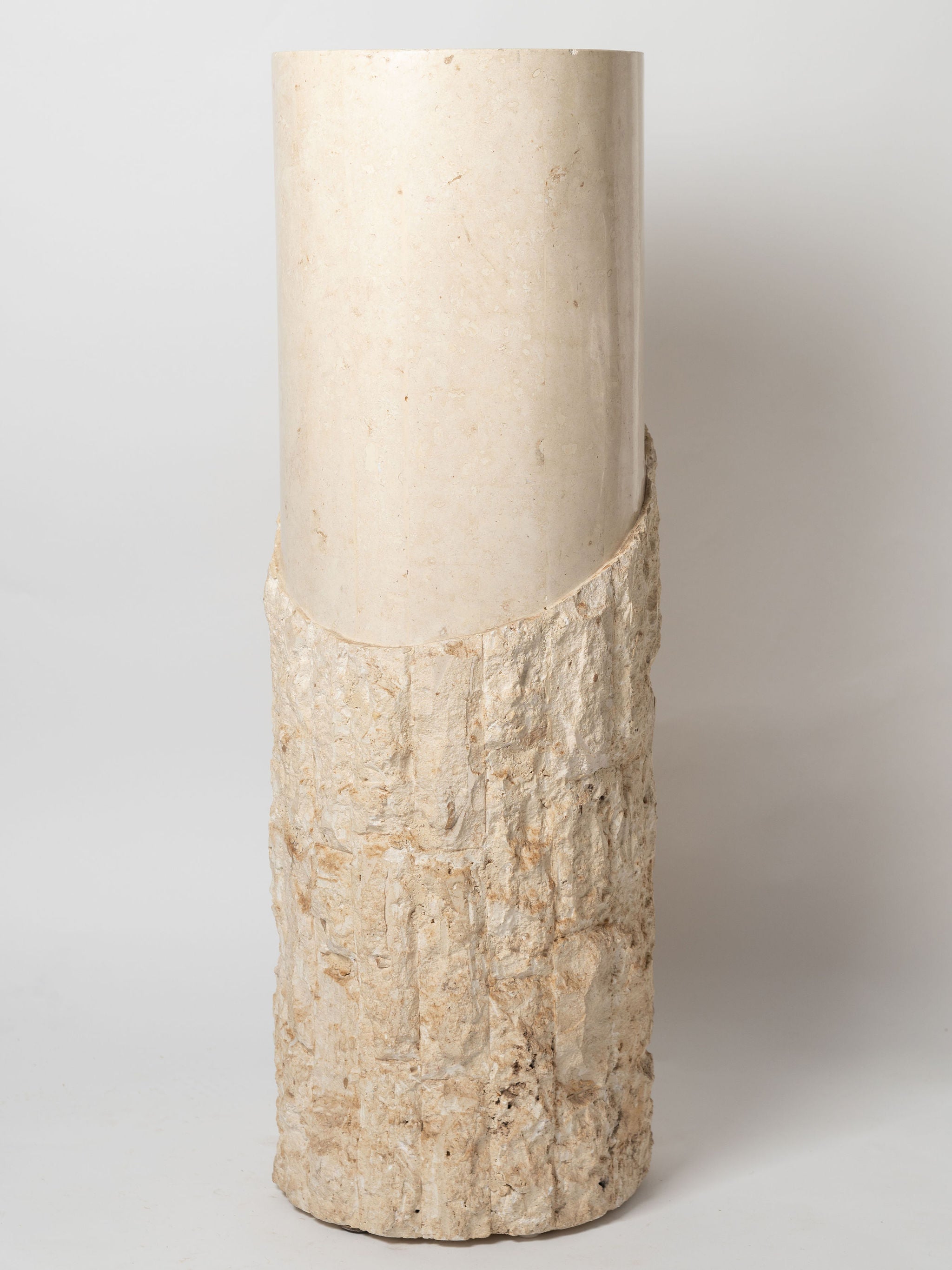 Post Modern Round Tessellated stone pedestal and matching table lamp with linen shade