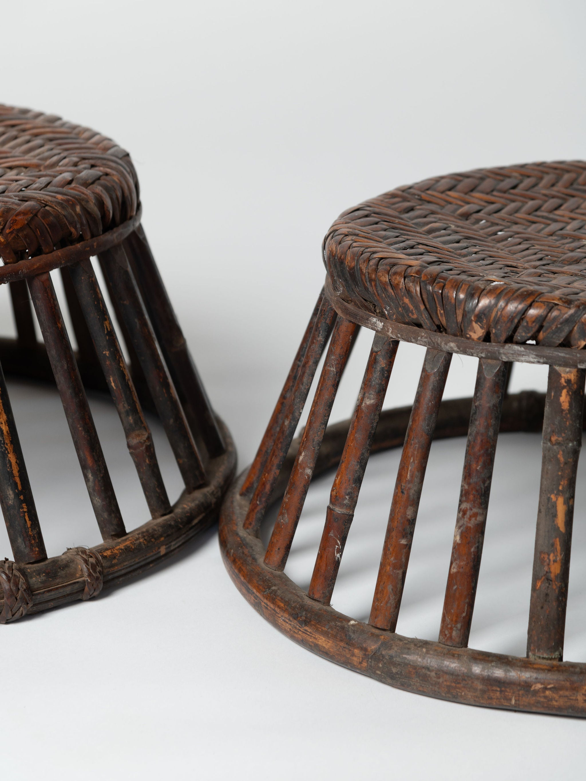 Pair antique chinese rattan and bamboo low stools