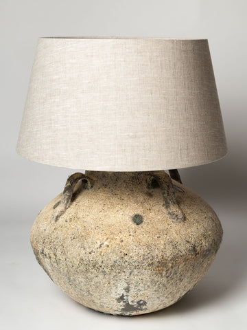 Beautiful Barnacled textured terracotta jar lamp with natural linen shade