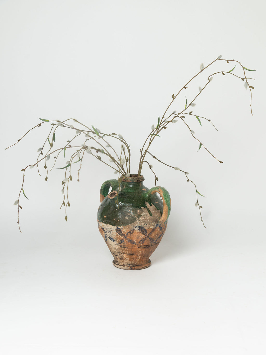 Antique French Provencal oil terracotta jug with green glaze and hand painted decorations