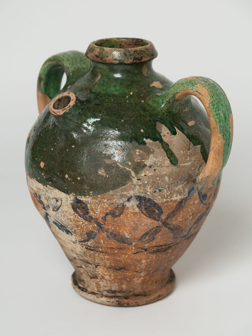 Antique French Provencal oil terracotta jug with green glaze and hand painted decorations