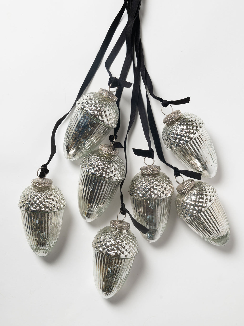 Beautiful large mercury glass style acorn decorations 13cm, black velvet ribbon