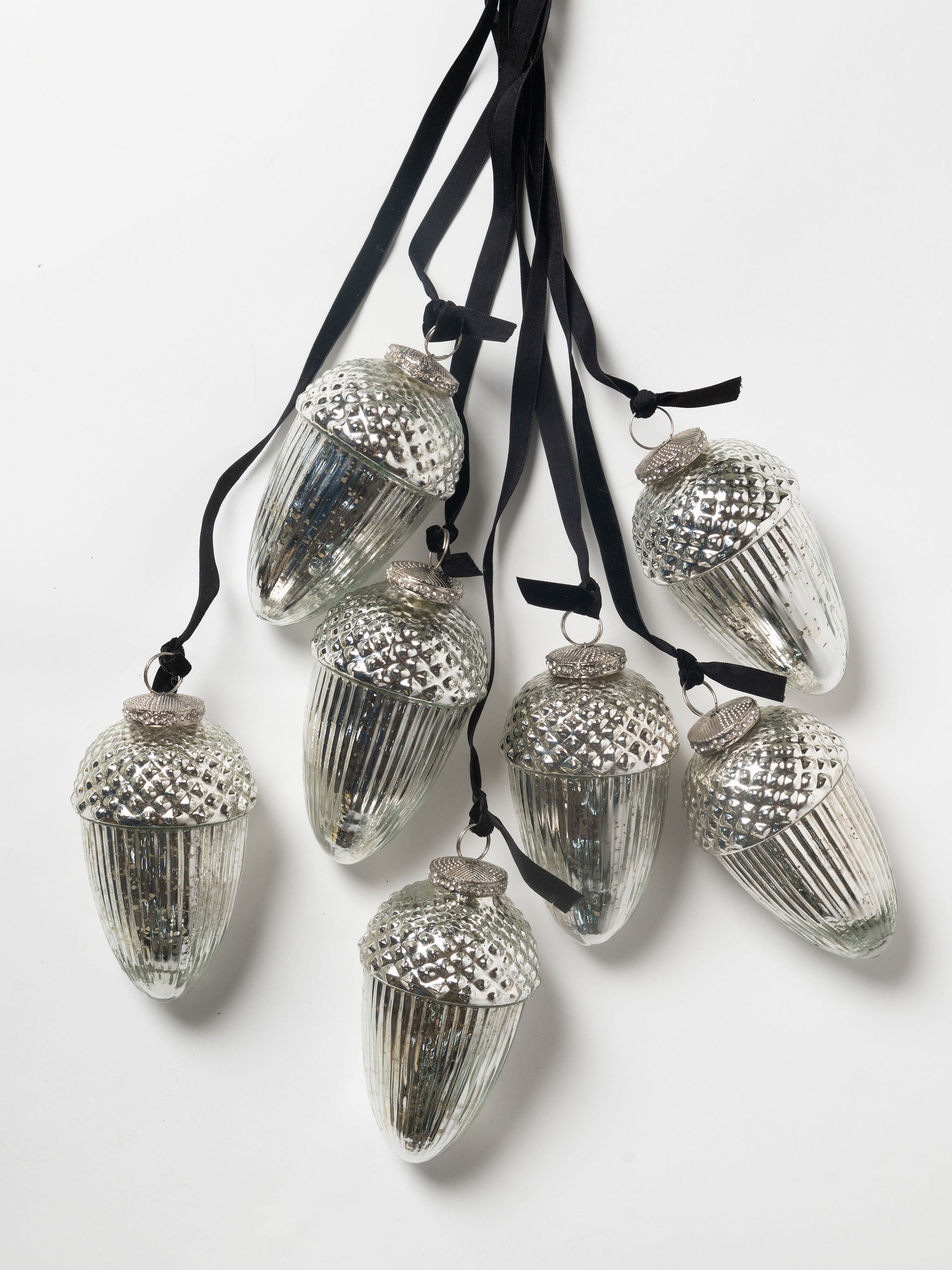 Beautiful large mercury glass style acorn decorations 13cm, black velvet ribbon